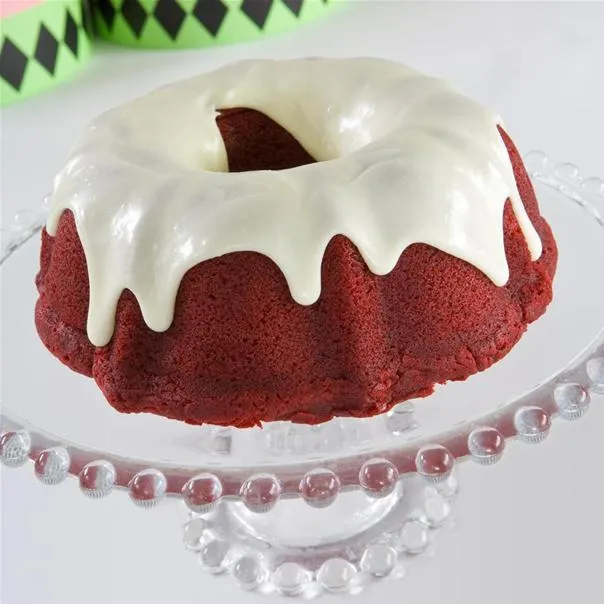 Red velvet bundt cake with cream cheese frosting.