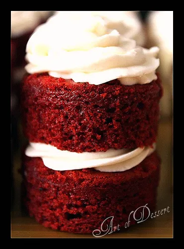Red velvet cake with cream cheese frosting.