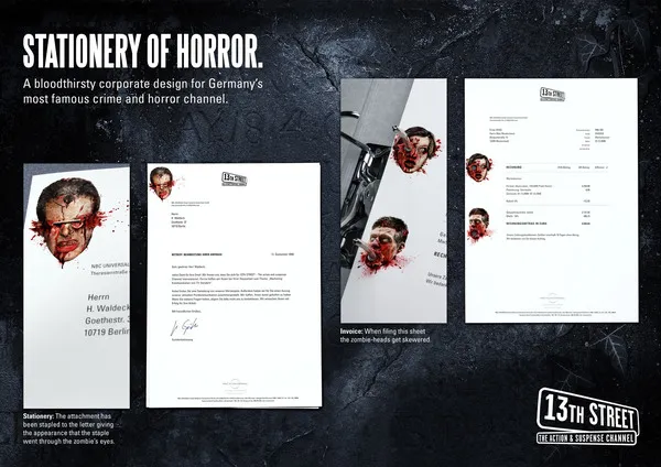 Stationery designs featuring horror-themed graphics and branding for a television channel.