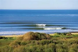 Serene ocean waves breaking on a coastline with lush greenery.