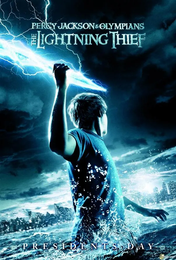 Percy Jackson holding a lightning bolt in a dramatic scene from "The Lightning Thief" movie poster.