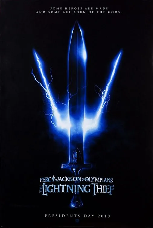 A dramatic movie poster featuring blue lightning bolts and a stylized trident.