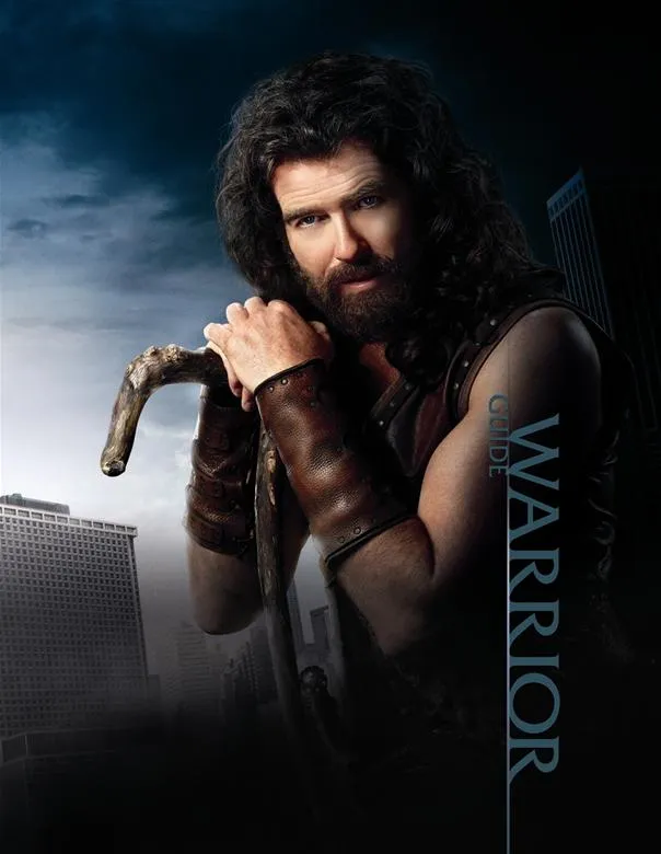 Warrior holding a staff against a dark background