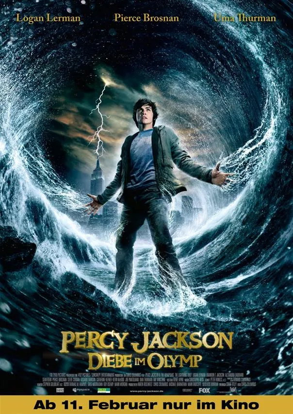 Percy Jackson: Sea of Monsters movie poster featuring a young male character amidst swirling water.