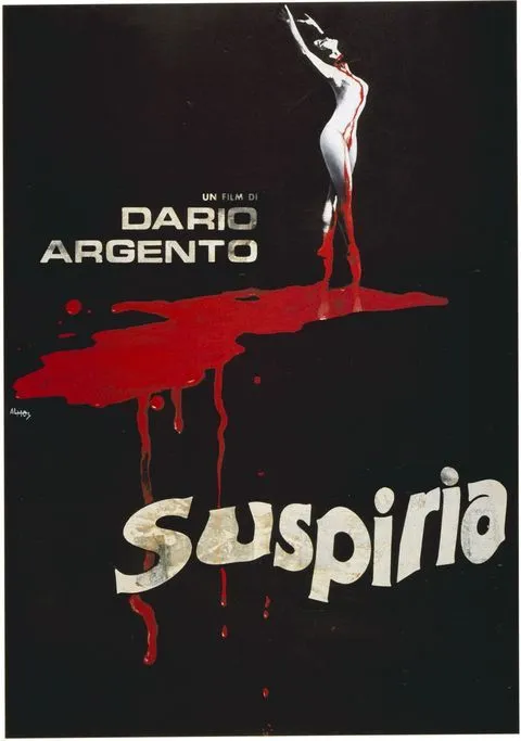 Dario Argento's "Suspiria" movie poster featuring a stylized figure and blood splatters.