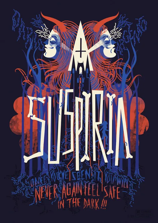 Suspiria movie poster featuring striking red and blue illustrations and stylized text.