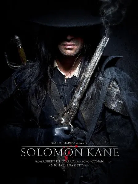 Mysterious figure in dark attire holding a pistol, representing the character Solomon Kane.