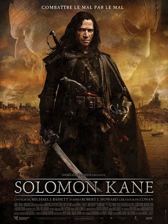 Solomon Kane movie poster featuring a brooding character in a dark cloak with a sword.