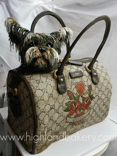 Dog-themed handbag with a floral design.