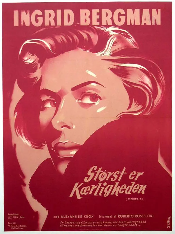 Ingrid Bergman promotional film poster in red tones.