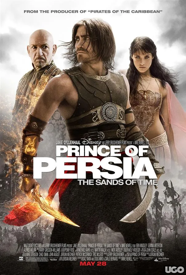 Prince of Persia: The Sands of Time movie poster featuring a warrior with swords and two characters in the background.