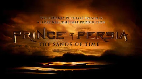 Prince of Persia: The Sands of Time movie title against a dramatic sunset backdrop.