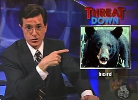 "Stephen Colbert presenting a segment on bears."
