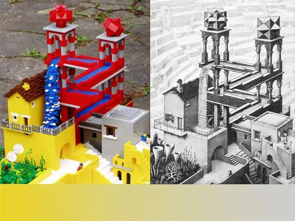 Colorful LEGO castle model alongside a grayscale architectural drawing.