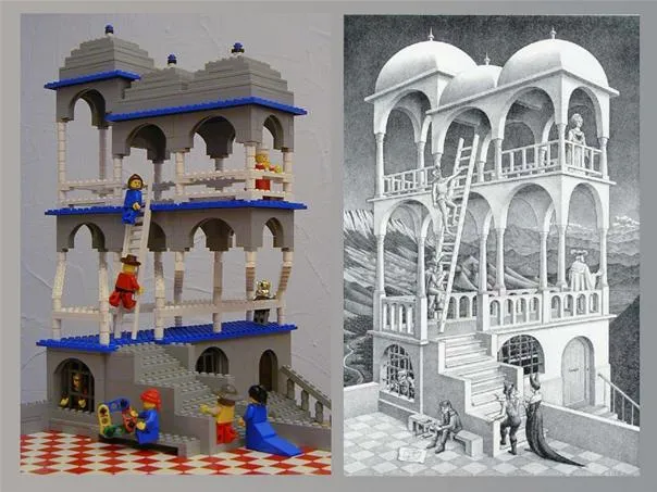 A comparison of a colorful LEGO architectural model and a black-and-white illustrated design of a building.