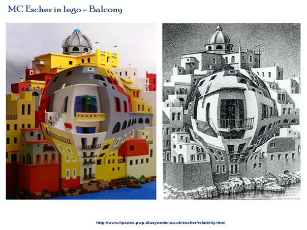 Surreal architectural renderings of a colorful building juxtaposed with a monochrome version.