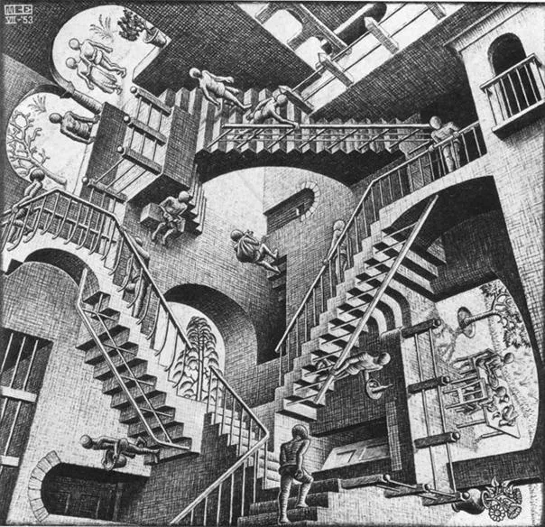 A black and white artistic illustration of an impossible stairway design featuring multiple interconnected staircases and figures.