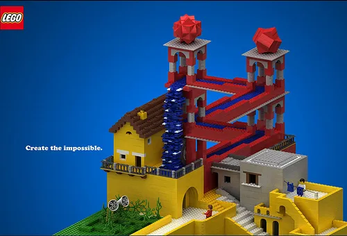 Colorful LEGO building showcasing creativity and engineering with a blue background.