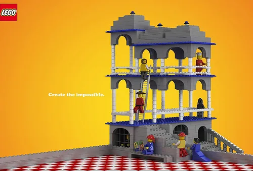 LEGO building kit featuring a multi-level structure with figures engaged in various activities.