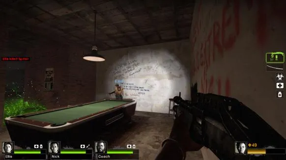 A player aiming a weapon near a billiard table in a dimly lit room.