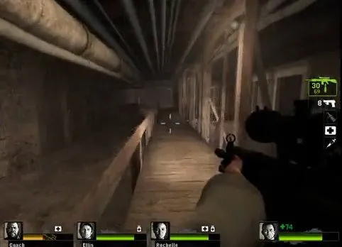 Video game interior environment with a character aiming a weapon in a dimly lit setting.