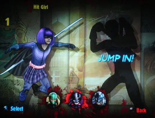 Hit Girl character in a fighting game interface, with selection options and dramatic graphics.