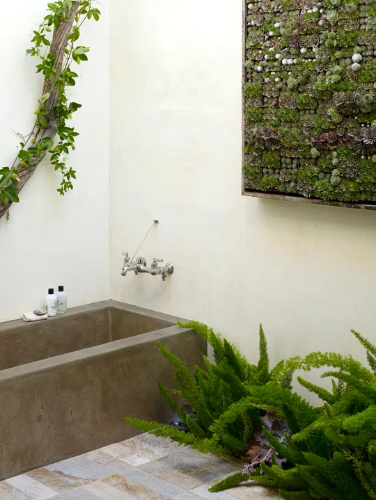 Modern bathroom with a concrete bathtub and greenery accents.