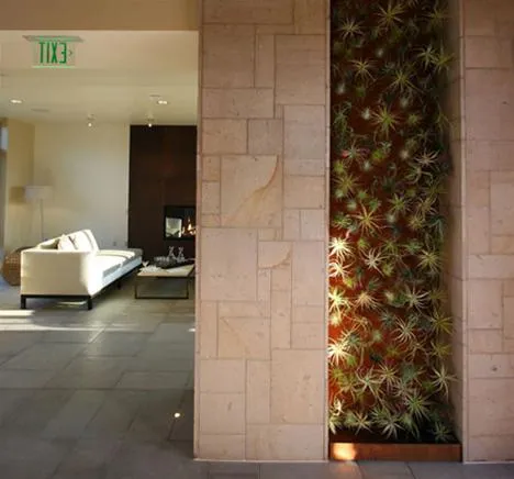 Modern living room with decorative wall feature.