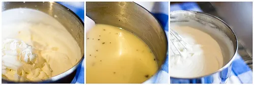 Whipped cream preparation stages in a mixing bowl.