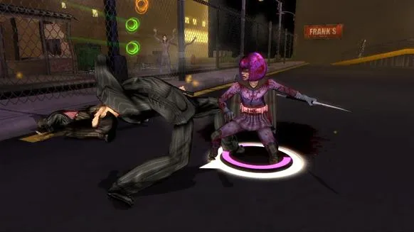Combat scene between a female character with a sword and a male character in a dark environment.