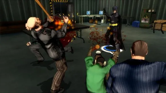 Superhero action scene featuring a character in a black suit confronting foes in a high-stakes environment.