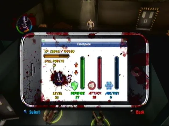 Mobile game interface showing character stats: level, defense, attack, and agility with a bloody theme.