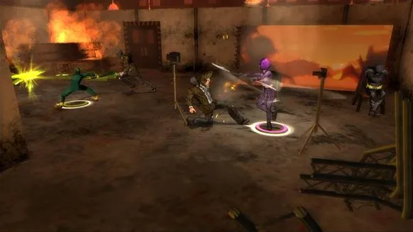 A dynamic action scene featuring characters engaged in combat in a visually dramatic environment.