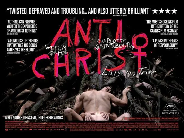 Movie poster for "Antichrist" featuring a surreal and dark illustration with critical quotes.
