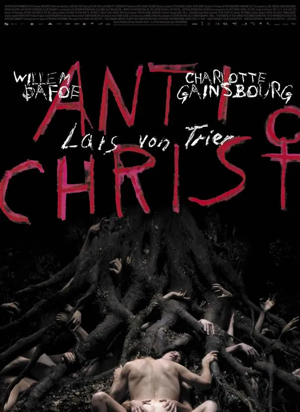 Antichrist movie poster featuring a forest with roots and prominent text.