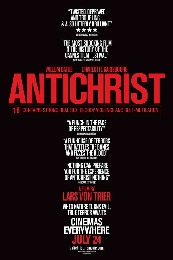 Film poster for "Antichrist" featuring a dramatic title and release information.