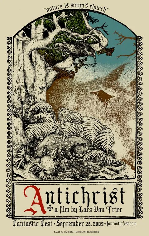 Antichrist artwork featuring a dramatic landscape with a mythical creature.