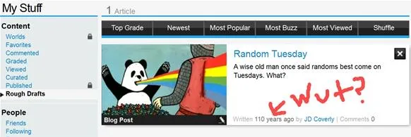 A cartoon image featuring a panda and a rainbow with playful text.