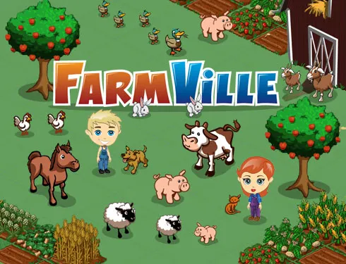 FarmVille game scene with cartoon characters, animals, and crops.