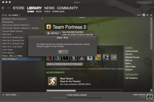 Alternative text: "Screenshot of the Steam library displaying Team Fortress 2 with a message about connection issues."
