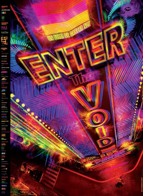 "Enter the Void movie poster with vibrant neon colors and abstract designs."