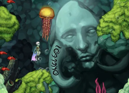 Underwater scene featuring a stone face sculpture surrounded by colorful marine life, including jellyfish and coral.
