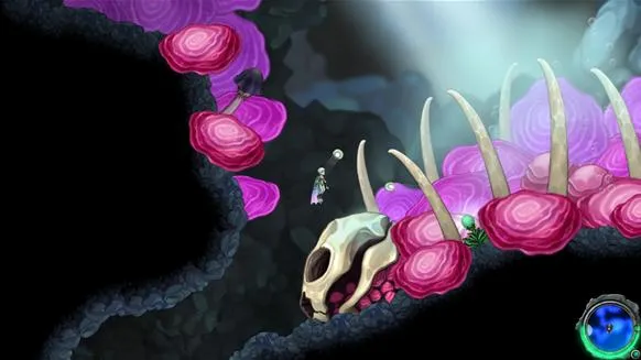 A surreal underwater scene featuring vibrant pink mushrooms and a skull-like structure.