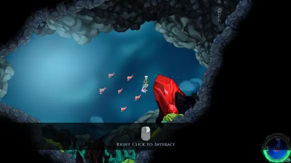 A colorful underwater scene featuring a character surrounded by fish, with a cave-like structure in the background.