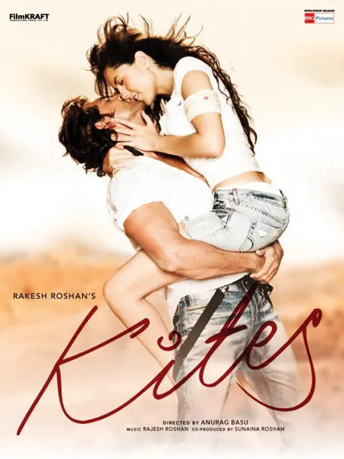 Kites movie poster featuring a romantic couple in a passionate embrace.