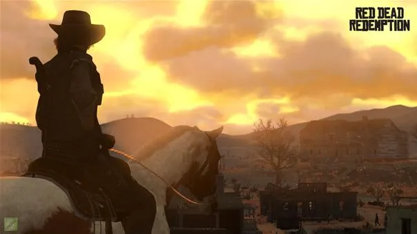 Silhouette of a cowboy on a horse against a sunset backdrop in a western landscape.
