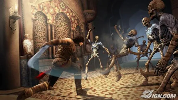A character battling skeletons in a mystical setting.