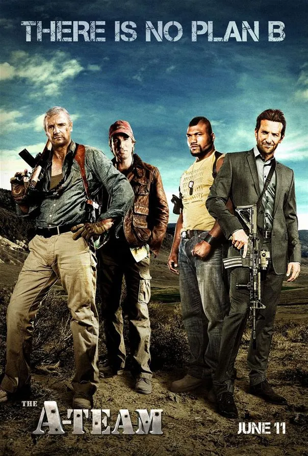 A-Team movie poster featuring four main characters with weapons in a rugged landscape.
