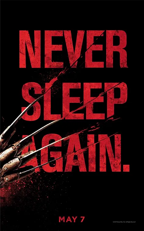 Horror movie poster with the phrase "NEVER SLEEP AGAIN."