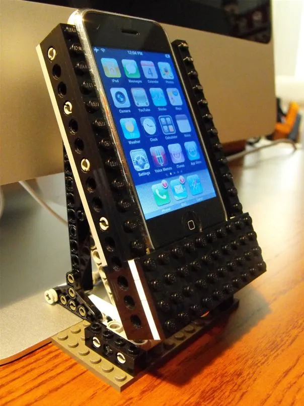 iPhone on a custom LEGO stand.